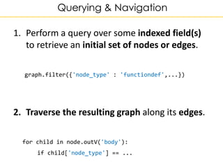 Querying & Navigation
1. Perform a query over some indexed field(s)
to retrieve an initial set of nodes or edges.
graph.fi...