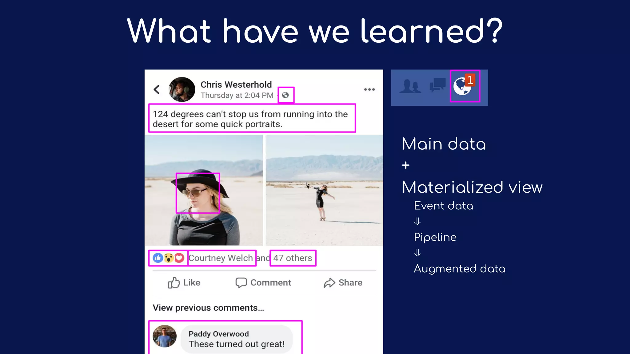 Main data
+
Materialized view
Event data
⇓
Pipeline
⇓
Augmented data
What have we learned?
 