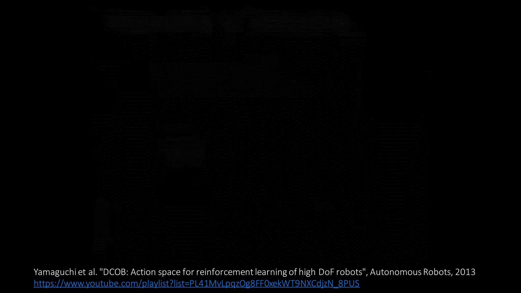 Yamaguchiet al. "DCOB: Action space for reinforcementlearning of high DoF robots", AutonomousRobots, 2013
https://www.youtube.com/playlist?list=PL41MvLpqzOg8FF0xekWT9NXCdjzN_8PUS
 