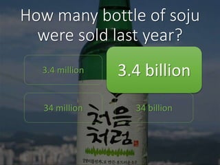 How many bottle of soju
were sold last year?
3.4 million 3.4 billion
34 million 34 billion
 
