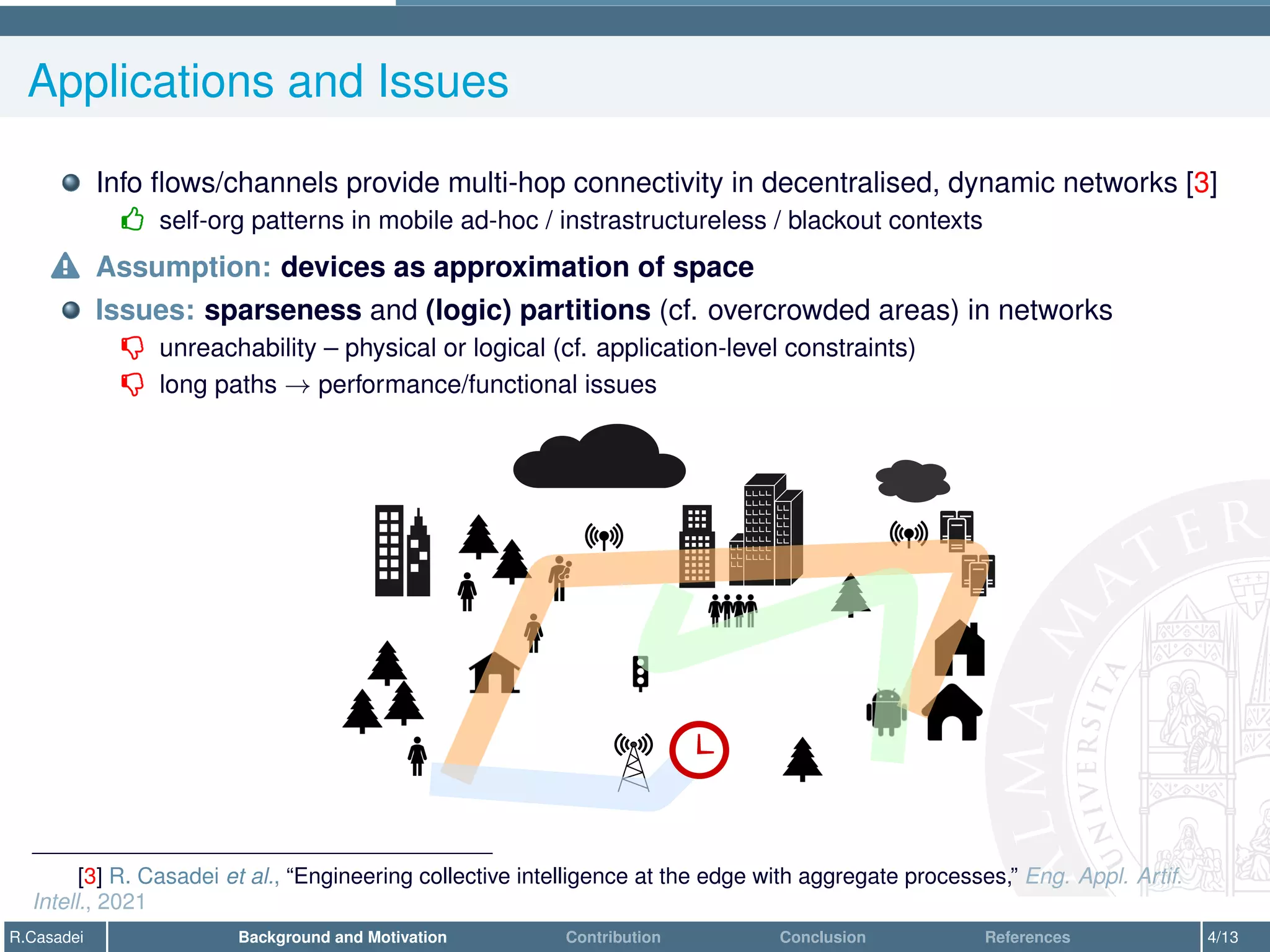 Applications and Issues
Info flows/channels provide multi-hop connectivity in decentralised, dynamic networks [3]
- self-org patterns in mobile ad-hoc / instrastructureless / blackout contexts
o Assumption: devices as approximation of space
Issues: sparseness and (logic) partitions (cf. overcrowded areas) in networks
, unreachability – physical or logical (cf. application-level constraints)
, long paths → performance/functional issues
[3] R. Casadei et al., “Engineering collective intelligence at the edge with aggregate processes,” Eng. Appl. Artif.
Intell., 2021
R.Casadei Background and Motivation Contribution Conclusion References 4/13
 