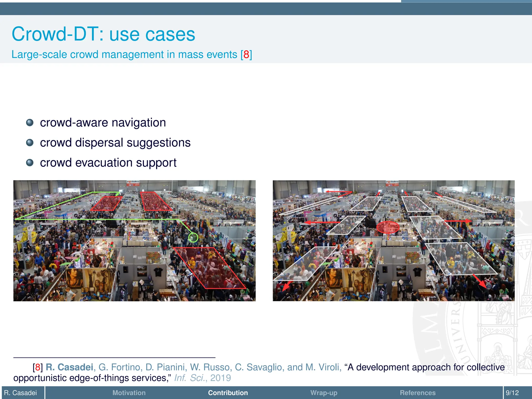 Crowd-DT: use cases
Large-scale crowd management in mass events [8]
crowd-aware navigation
crowd dispersal suggestions
crowd evacuation support
[8] R. Casadei, G. Fortino, D. Pianini, W. Russo, C. Savaglio, and M. Viroli, “A development approach for collective
opportunistic edge-of-things services,” Inf. Sci., 2019
R. Casadei Motivation Contribution Wrap-up References 9/12
 