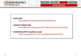 {elysiumsecurity}
cyber protection & response
14
GOING FURTHER
Public
• SELKS WIKI:
https://github.com/StamusNetworks/SELKS/wiki
• SECURITY ONION WIKI:
https://github.com/Security-Onion-Solutions/security-onion/wiki
• ELYSIUMSECURITY Installation Guide:
https://www.elysiumsecurity.com/blog/Guides/post7.html
EXAMPLESETUPCONCEPTCONTEXT
 