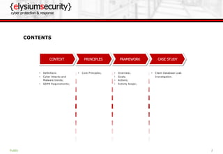 {elysiumsecurity}
cyber protection & response
2
CASE STUDYFRAMEWORKPRINCIPLESCONTEXT
• Core Principles; • Client Database Leak
Investigation.
CONTENTS
Public
• Definitions
• Cyber Attacks and
M alware trends;
• GDPR Requirem ents;
• Overview;
• Goals;
• Actions;
• Activity Scope;
 