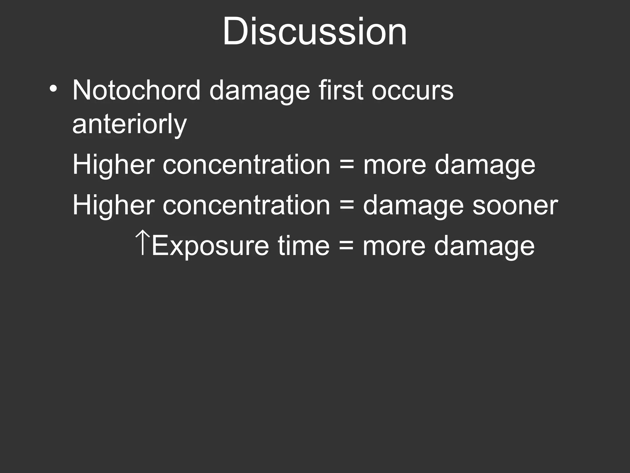 Discussion Notochord damage first occurs anteriorly Higher concentration = more damage Higher concentration = damage sooner    Exposure time = more damage 