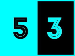 Siamo dunque circondati dai dati. Come la data visualization può aiutarci a trasformarli in una risorsa? Vediamo,
con un esercizio, come funziona la visualizzazione dei dati. Questi sono due numeri, 5 e 3. Avete 1 minuto per
creare quante più rappresentazioni grafiche potete.
 