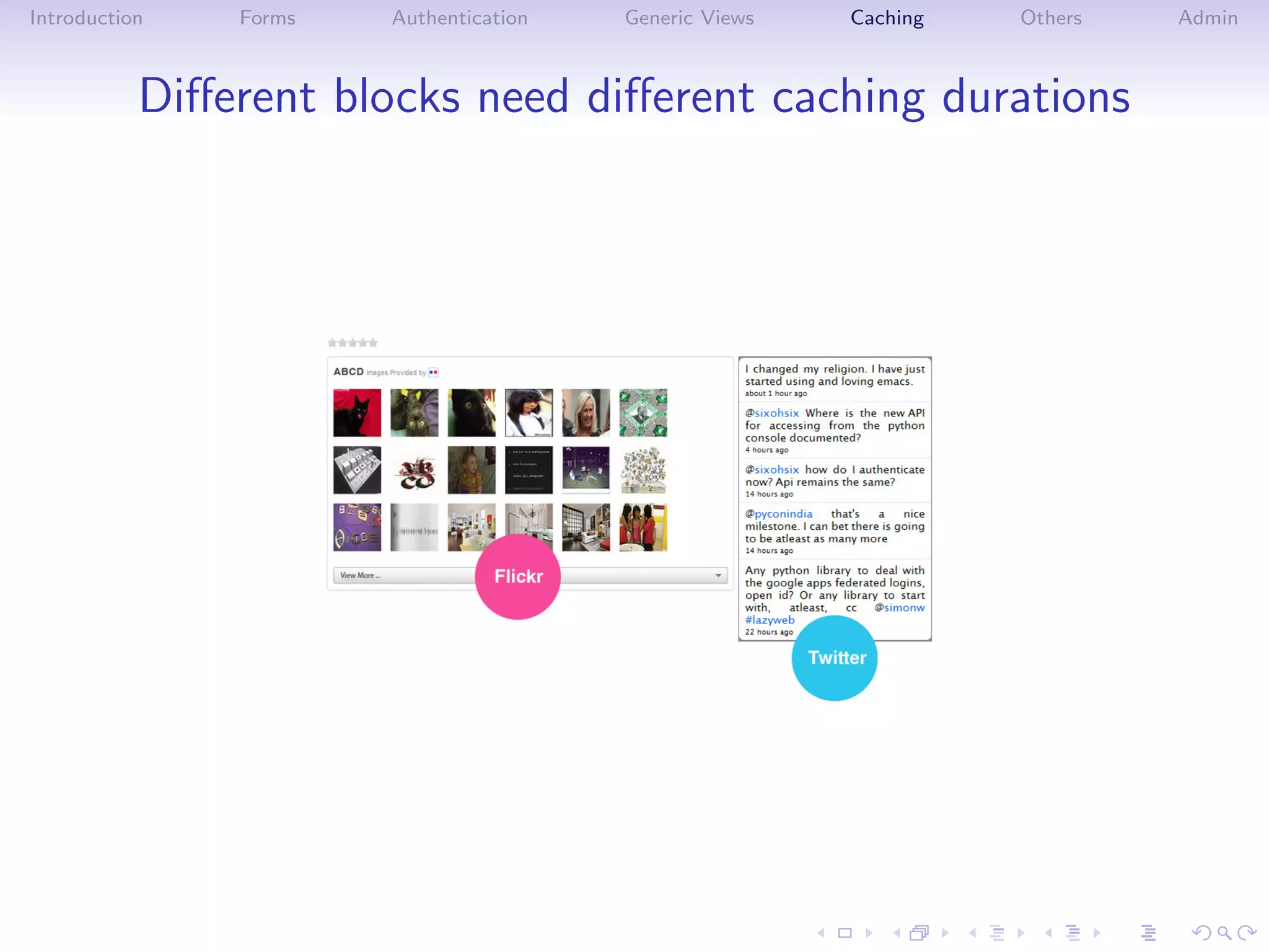 Introduction   Forms   Authentication   Generic Views   Caching   Others   Admin



           Diﬀerent blocks need diﬀerent caching durations
 