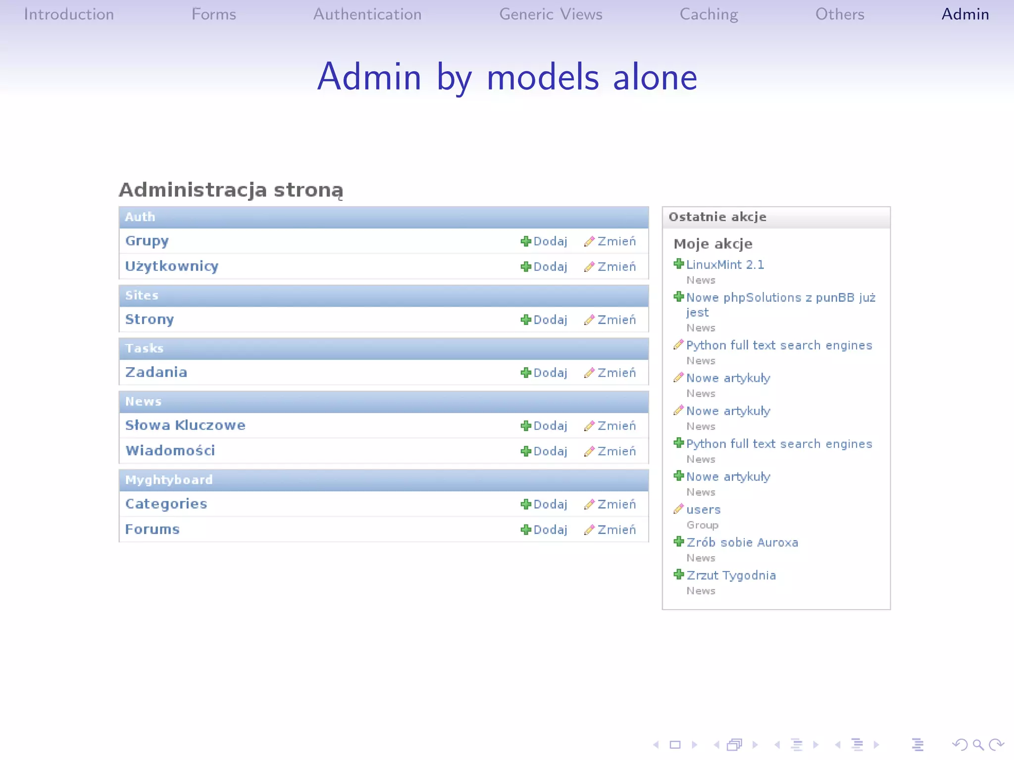 Introduction   Forms   Authentication   Generic Views   Caching   Others   Admin



                       Admin by models alone
 