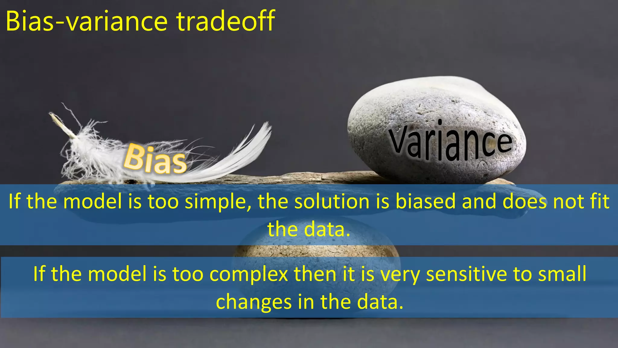 Bias-variance tradeoff
If the model is too simple, the solution is biased and does not fit
the data.
If the model is too complex then it is very sensitive to small
changes in the data.
 