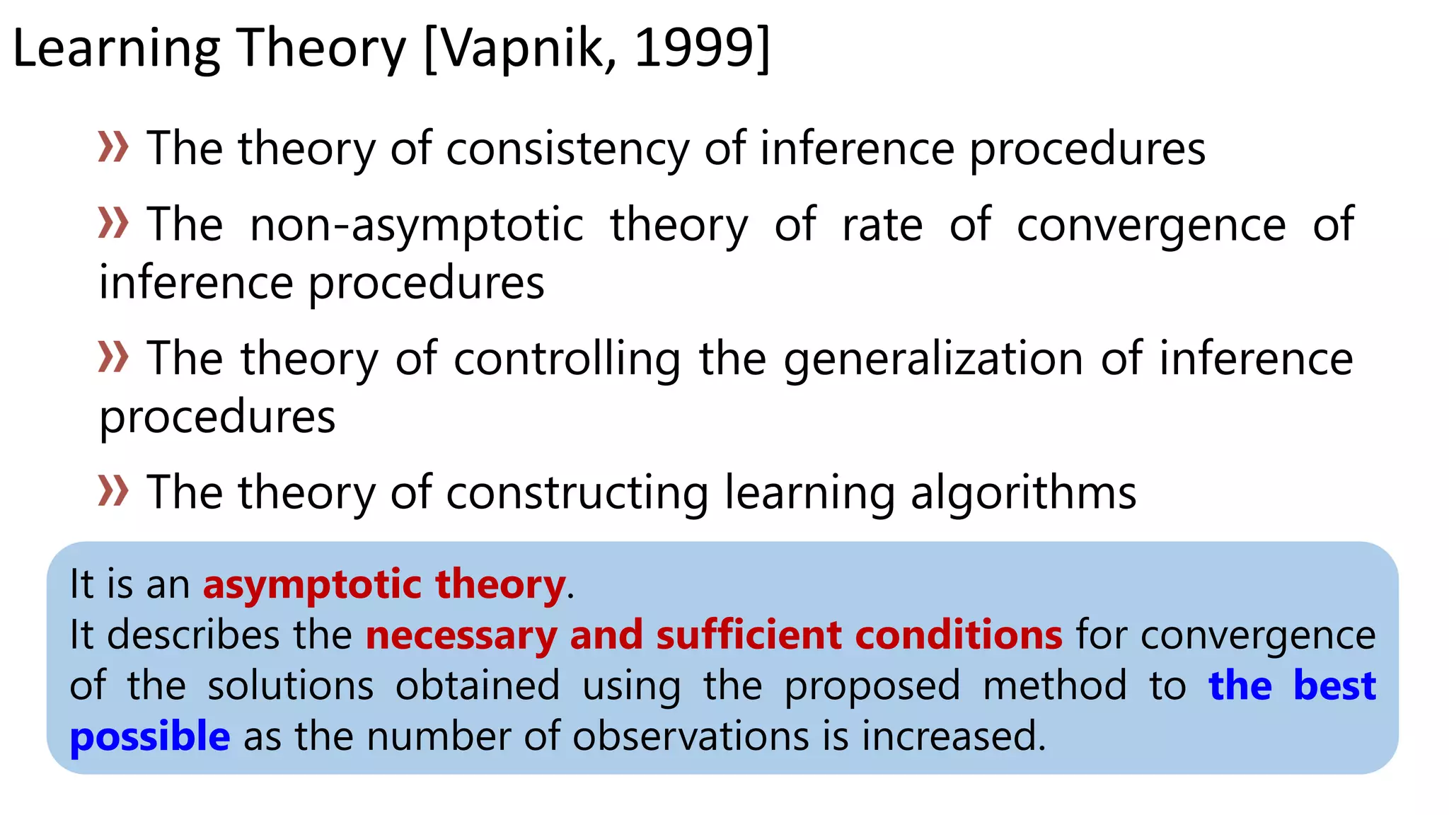 Learning Theory [Vapnik, 1999]
asymptotic theory
necessary and sufficient conditions
the best
possible
 