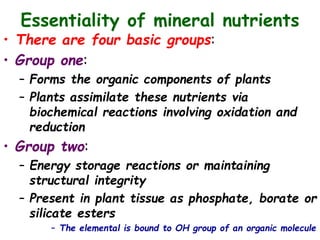 Essentiality of mineral nutrients
• There are four basic groups:
• Group one:
– Forms the organic components of plants
– Plants assimilate these nutrients via
biochemical reactions involving oxidation and
reduction
• Group two:
– Energy storage reactions or maintaining
structural integrity
– Present in plant tissue as phosphate, borate or
silicate esters
– The elemental is bound to OH group of an organic molecule
 