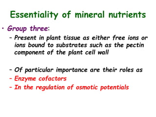 Essentiality of mineral nutrients
• Group three:
– Present in plant tissue as either free ions or
ions bound to substrates such as the pectin
component of the plant cell wall
– Of particular importance are their roles as
– Enzyme cofactors
– In the regulation of osmotic potentials
 