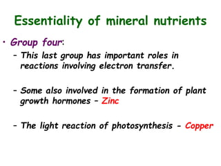 Essentiality of mineral nutrients
• Group four:
– This last group has important roles in
reactions involving electron transfer.
– Some also involved in the formation of plant
growth hormones – Zinc
– The light reaction of photosynthesis - Copper
 