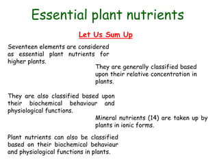 Let Us Sum Up
Plant nutrients can also be classified
based on their biochemical behaviour
and physiological functions in plants.
Seventeen elements are considered
as essential plant nutrients for
higher plants.
They are generally classified based
upon their relative concentration in
plants.
They are also classified based upon
their biochemical behaviour and
physiological functions.
Mineral nutrients (14) are taken up by
plants in ionic forms.
Essential plant nutrients
 