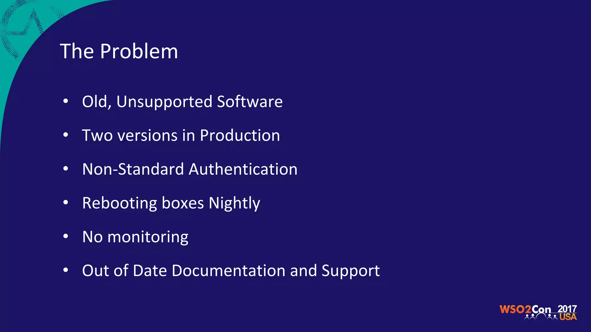The Problem
• Old, Unsupported Software
• Two versions in Production
• Non-Standard Authentication
• Rebooting boxes Nightly
• No monitoring
• Out of Date Documentation and Support