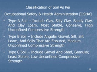 Classification of Soil As Per
Occupational Safety & Health Administration [OSHA]
• Type A Soil – Include Clay, Silty Clay, Sandy Clay,
And Clay Loam, Most Stable, Cohesive, High
Unconfined Compressive Strength
• Type B Soil – Include Angular Gravel, Silt, Silt
Loam, And Soils That Are Fissured, Medium
Unconfined Compressive Strength
• Type C Soil – Include Gravel And Sand, Granular,
Least Stable, Low Unconfined Compressive
Strength
22
 
