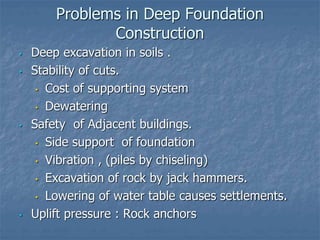 Problems in Deep Foundation
Construction
• Deep excavation in soils .
• Stability of cuts.
• Cost of supporting system
• Dewatering
• Safety of Adjacent buildings.
• Side support of foundation
• Vibration , (piles by chiseling)
• Excavation of rock by jack hammers.
• Lowering of water table causes settlements.
• Uplift pressure : Rock anchors
 