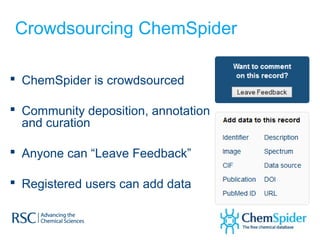 Crowdsourcing ChemSpider

 ChemSpider is crowdsourced

 Community deposition, annotation
  and curation

 Anyone can “Leave Feedback”

 Registered users can add data
 