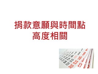 捐款意願與時間點
高度相關
 