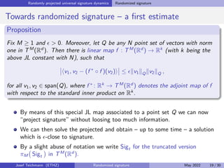 X
j
λj vj = v and vj ∈ Q
o
.
We use the convention inf ∅ = +∞ since the function is only finite on span(Q).
The function k.kQ behaves precisely like a norm on the span of Q.
Additionally kvkQ1
≥ kvkQ2
for Q1 ⊂ Q2.
Josef Teichmann (ETHZ) Randomized signature May 2022 18 / 30
 
