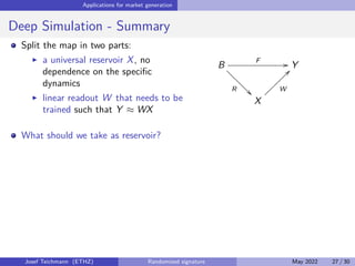 ≤ kv1kQkv2kQ ,
for all v1, v2 ∈ span(Q), where f ∗
: Rk
→ TM
(Rd
) denotes the adjoint map of f
with respect to the standard inner product on Rk
.
By means of this special JL map associated to a point set Q we can now
“project signature” without loosing too much information.
We can then solve the projected and obtain – up to some time – a solution
which is -close to signature.
By a slight abuse of notation we write Sigt for the truncated version
πM Sigt

in TM
(Rd
).
Josef Teichmann (ETHZ) Randomized signature May 2022 19 / 30
 