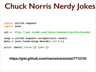 Chuck Norris Nerdy Jokes
Chuck Norris Nerdy Jokes

https://gist.github.com/marcelcaraciolo/7715734
https://gist.github.com/4745061

 