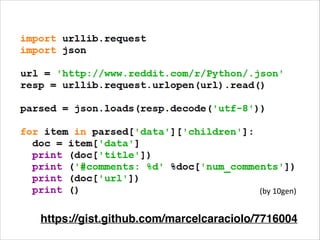Reddit Client

(by 10gen)

https://gist.github.com/marcelcaraciolo/7716004
https://gist.github.com/4691077

 