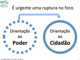 Luís%Vidigal%(FEUP%–%Talk%a%Bit%6%Fev%2015)%
As%TIC%na%Modernização%Administra^va%nos%úl^mos%40%anos%
Um$caminho$marginal$à$Reforma$
11%
 