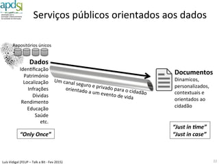 Luís%Vidigal%(FEUP%–%Talk%a%Bit%6%Fev%2015)%
Estágios%de%maturidade%do%e"government%%
22%
Estamos
aqui
Presença
na Web
Interacção
Transacção
Transformação
e-Democracia
Salto&
Tecnológico&
Salto&
Tecnológico&
Salto&
Cultural&
Salto&
Polí3co&
Automa6zação$
dos$serviços$
que$existem$
Transformação$
dos$serviços$
da$AP$
Tempo / Complexidade / IntegraçãoTempo / Complexidade / Integração
Benefícios/Custos
Adaptado%de%Siau%&%Long%(2005)%
 