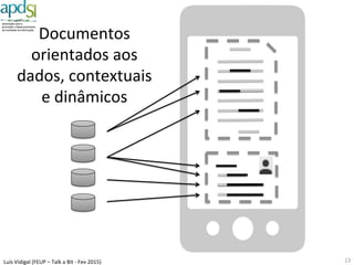 Luís%Vidigal%(FEUP%–%Talk%a%Bit%6%Fev%2015)%
Pessoas$ Empresas$ Veículos$ Território$
…$
…$
Evento$de$vida$1$
Evento$de$vida$2$
Evento$de$vida$3$
Evento$de$vida$4$
Evento$de$vida$n$
Repositórios$par6lhados$
Dados$
Cidadão$
Arquitetura%de%dados%e%serviços%(Urgente)%
23%
CRUD.Gov$
•  Quem%Cria?%
•  Quem%Usa?%
•  Quem%Atualiza?%
•  Quem%Apaga?%
 