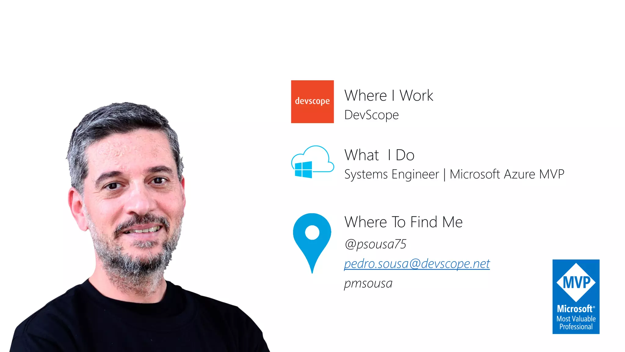 DevScope
Where I Work
Systems Engineer | Microsoft Azure MVP
What I Do
@psousa75
pedro.sousa@devscope.net
pmsousa
Where To Find Me