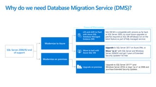 Why do we need Database Migration Service (DMS)?
Focus of Discussion
SQL Server 2008/R2 end
of support
Lift-and-shift to PaaS
with Azure SQL
Database Managed
Instance (MI)
Move to IaaS with
Azure SQL VM
SQL DB MI is compatible with versions as far back
as SQL Server 2005; no more future upgrades or
patches required as SQL DB will always run on the
latest feature as part of fully managed services
Upgrade to SQL Server 2017 on Azure VMs, or
Move “as-is” with SQL Server and Windows
Server 2008/R2 and get 3 years of Extended
Security Updates* for free
Upgrade to SQL Server 2017** (and
Windows Server 2016) or stays “as-is” at 2008 and
purchase Extended Security Updates
Modernize to Azure
Modernize on premises
Upgrade on premises
SQL
 