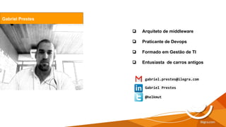 Gabriel Prestes
❏ Arquiteto de middleware
❏ Praticante de Devops
❏ Formado em Gestão de TI
❏ Entusiasta de carros antigos
Gabriel Prestes
@helkmut
gabriel.prestes@ilegra.com
 
