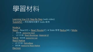 Learning Vue 2.0: Step By Step
TodoMVC
Node.js
React React Router Redux Mobx
awesome react
React-Bootstrap Material-UI
Vue.js awesome-vue
React Native
NativeBase
Awesome React Native
Electron
 