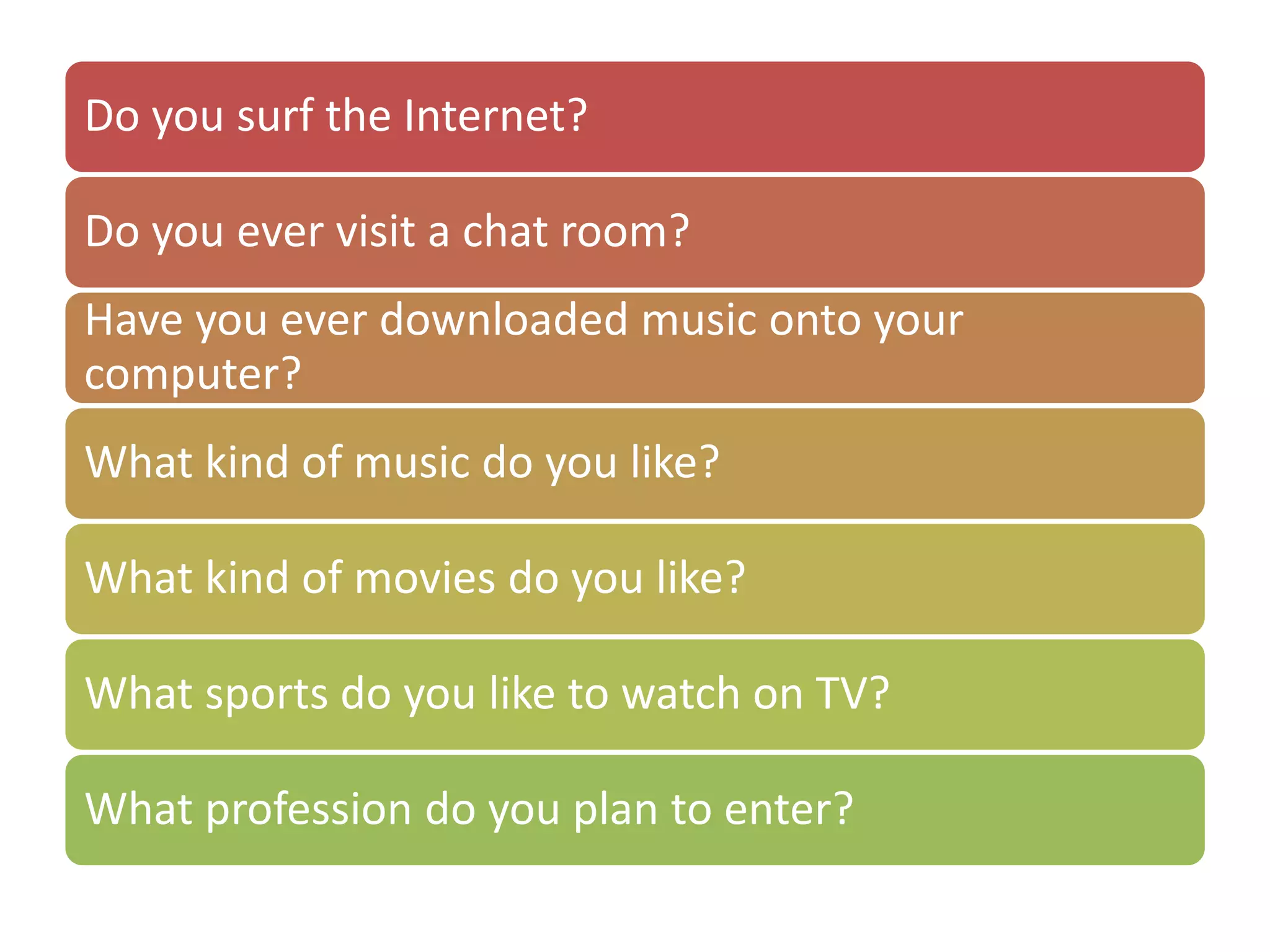 Do you surf the Internet?
Do you ever visit a chat room?
Have you ever downloaded music onto your
computer?
What kind of music do you like?
What kind of movies do you like?
What sports do you like to watch on TV?
What profession do you plan to enter?
 