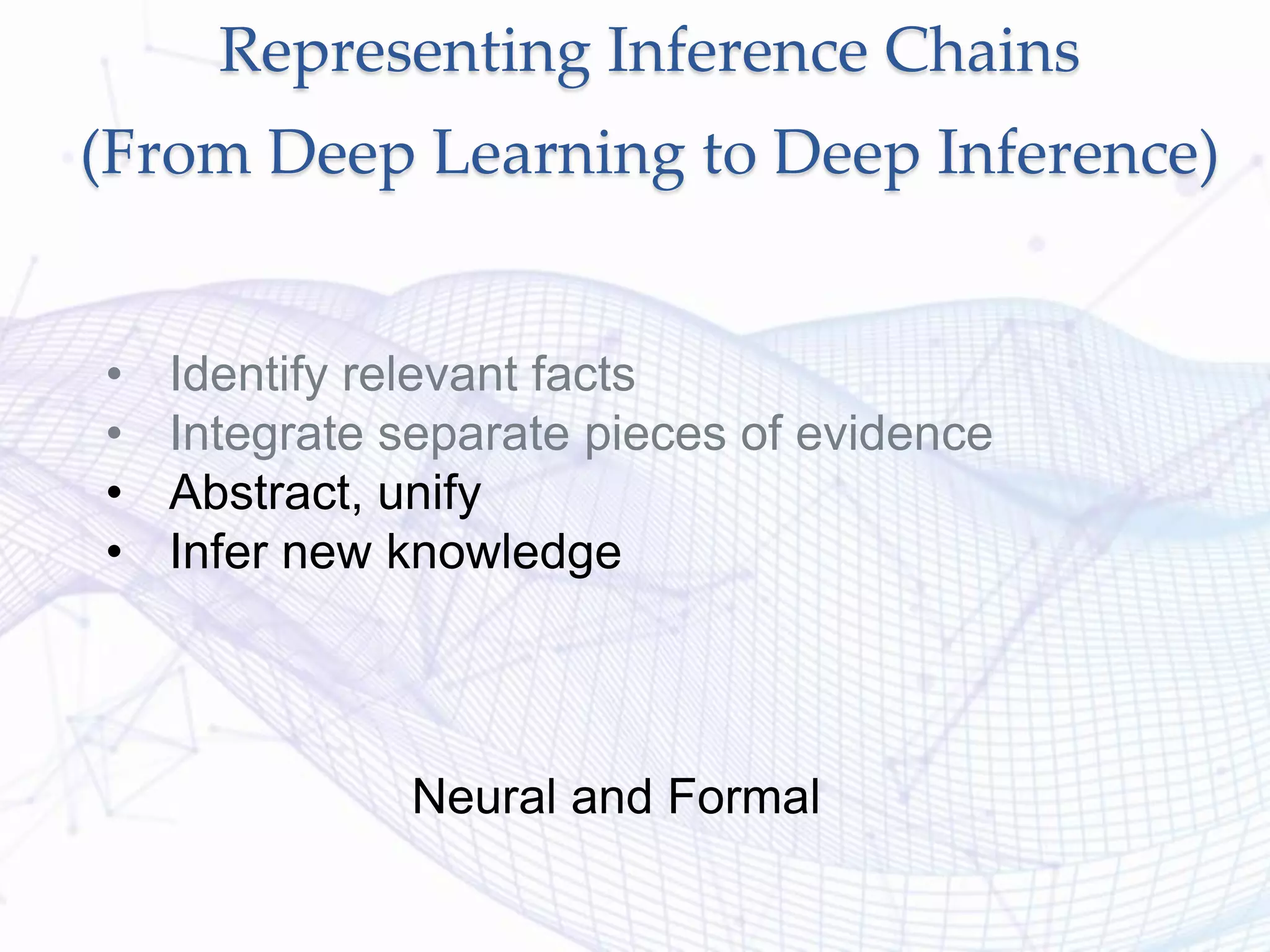 Representing Inference Chains
(From Deep Learning to Deep Inference)
• Identify relevant facts
• Integrate separate pieces of evidence
• Abstract, unify
• Infer new knowledge
Neural and Formal
 