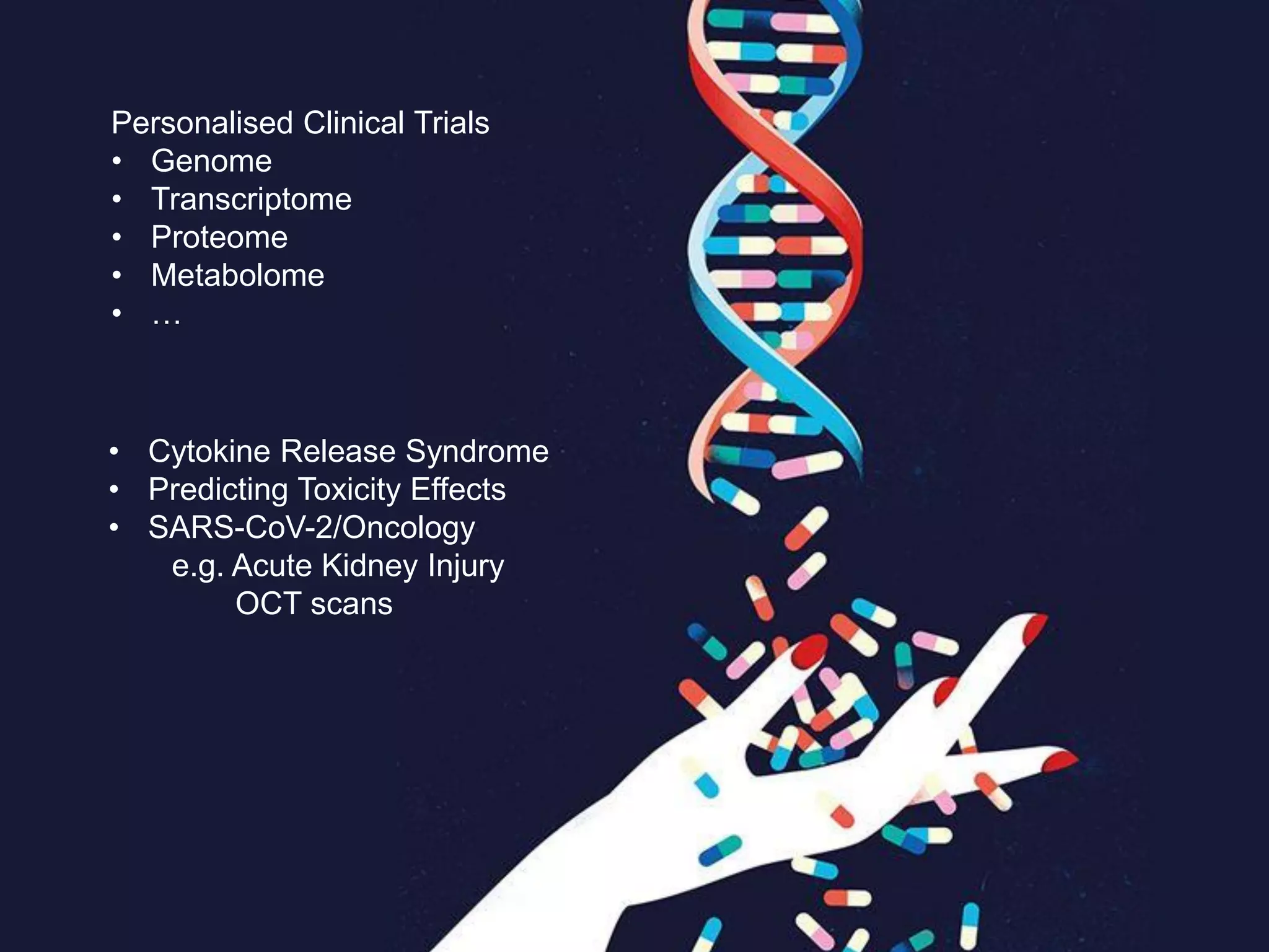 Personalised Clinical Trials
• Genome
• Transcriptome
• Proteome
• Metabolome
• …
• Cytokine Release Syndrome
• Predicting Toxicity Effects
• SARS-CoV-2/Oncology
e.g. Acute Kidney Injury
OCT scans
 