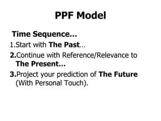 PPF Model Time Sequence… 1.Start with  The Past … 2. Continue with Reference/Relevance to  The Present… 3. Project your prediction of  The Future  (With Personal Touch). 