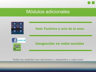 Guía Turística y ocio de la zona
Integración en redes sociales
13
Todos los módulos son opcionales y adaptables a cada hotel
Módulos adicionales
 