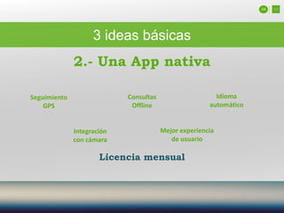04
3 ideas básicas
Licencia mensual
2.- Una App nativa
Seguimiento
GPS
Consultas
Offline
Idioma
automático
Mejor experiencia
de usuario
Integración
con cámara
 