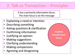 • Explaining a need or intention
• Describing something
• Asking questions & clarification
• Confirming information
• Justifying an opinion
• Making suggestions
• Clarifying understanding
• Making comparisons
• Agreeing and disagreeing
2. Talk as Transaction – Principles
It has a primarily information focus.
The main focus is on the message
Student
should learn
these
 