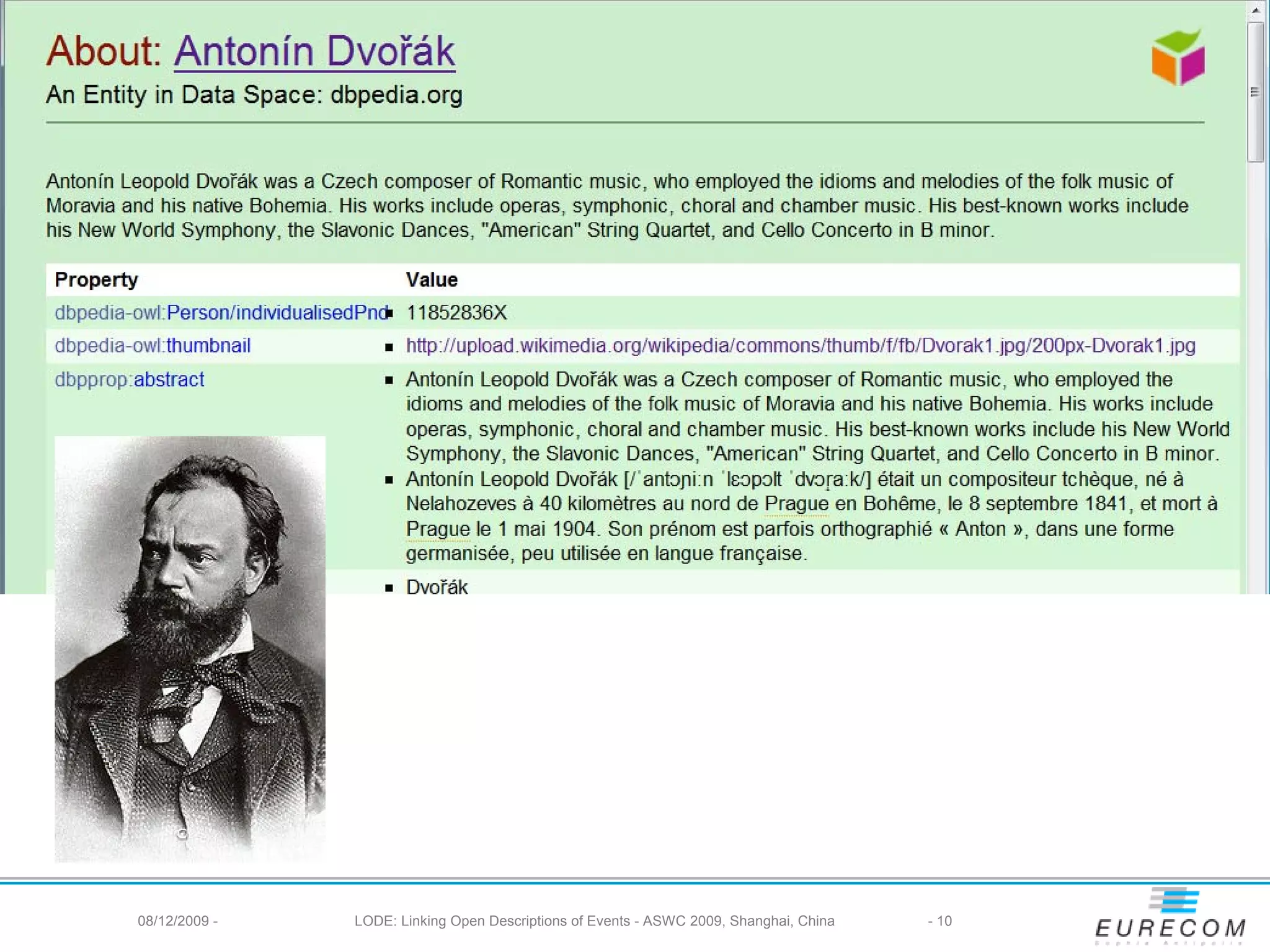 08/12/2009 -   LODE: Linking Open Descriptions of Events - ASWC 2009, Shanghai, China   - 10
 