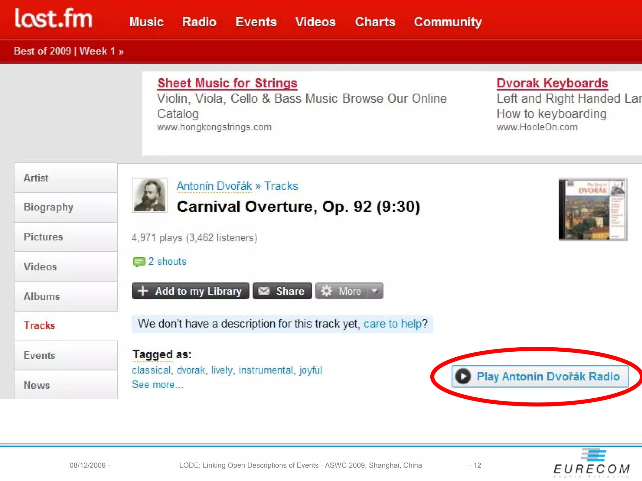 08/12/2009 -   LODE: Linking Open Descriptions of Events - ASWC 2009, Shanghai, China   - 12
 