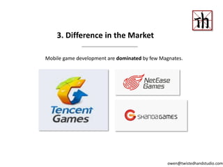 Mobile game development are dominated by few Magnates.
3. Difference in the Market
owen@twistedhandstudio.com
 