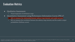Evaluation Metrics
● Qualitative Assessment:
○ Visual inspection of attribution maps.
● Quantitative Assessment using Performance Information Curves (PICs)1
:
○ AICs to measure the relationship between saliency map intensity and model accuracy.
○ SICs to measure the correlation between the saliency map intensity and the model’s output
probabilities (Softmax scores)
10
1 Kapishnikov A, Venugopalan S, Avci B, Wedin B, Terry M, Bolukbasi T. Guided integrated gradients: An adaptive path method for removing noise. In: Proceedings of the IEEE/CVF Conference on Computer Vision and Pattern
Recognition. Honolulu: IEEE Conference on Computer Vision and Pattern Recognition (CVPR); 2021. pp. 5050–8.
 