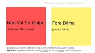 Fora Dilma
[get out Dilma]
Não Vai Ter Golpe
[there won´t be a coup]
Context: few months before the impeachment of Dilma Rousseﬀ in Brazil.
Keywords: representations of those in favour vs. those against the impeachment.
The political polarization in Brazil, March 2016
 