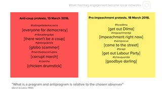 Pro-impeachment protests, 18 March 2016.
#foradilma
[get out Dilma]
#impeachmentjá
[impeachment right now]
#vemprarua
[come to the street]
#forapt
[get out Labour Party]
#tchauquerida
[goodbye darling]
Anti-coup protests, 13 March 2016.
#todospelademocracia
[everyone for democracy]
#nãovaitergolpe
[there won't be a coup]
#globogolpista
[globo scammer]
#marchadoscorruptos
[corrupt march]
#coxinha
[chicken drumstick]
When hashtag engagement become issue networks
“What is a program and antiprogram is relative to the chosen observer”
(Akrich & Latour 1992)
 