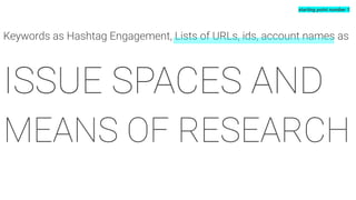 Keywords as Hashtag Engagement, Lists of URLs, ids, account names as
ISSUE SPACES AND
MEANS OF RESEARCH
starting point number 1
 