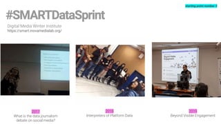 ˚ ˚Call for applications˚ ˚
2017
What is the data journalism
debate on social media?
2018
Interpreters of Platform Data
2019
Beyond Visible Engagement
Digital Media Winter Institute
https://smart.inovamedialab.org/
starting point number 3
 