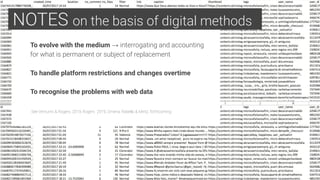 To evolve with the medium → interrogating and accounting
for what is permanent or subject of replacement
To handle platform restrictions and changes overtime
To recognise the problems with web data
See Venturini & Rogers, 2019; Rogers 2019; Omena, Rabello & Mintz, forthcoming
NOTES on the basis of digital methods .
 